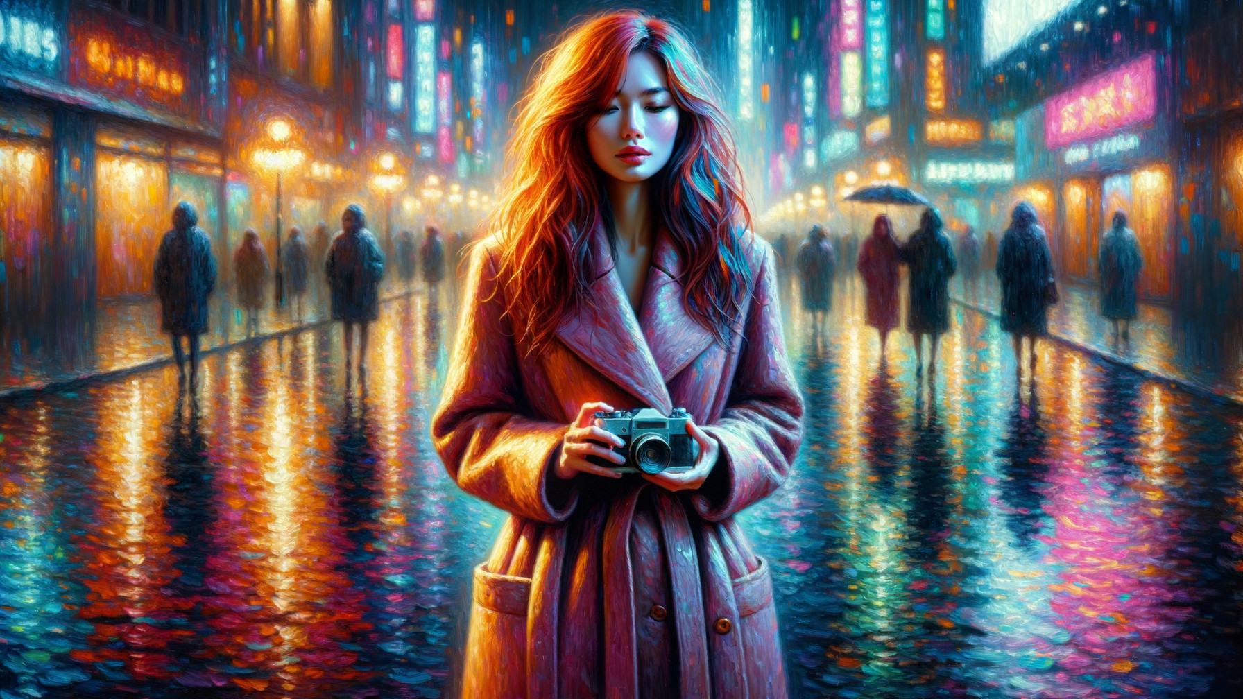 Young woman with camera in vibrant, rainy city street