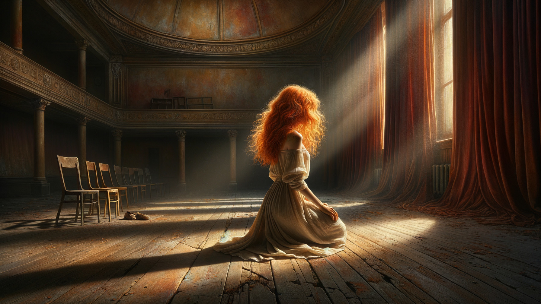 Woman in White Dress Kneeling in Grand Room
