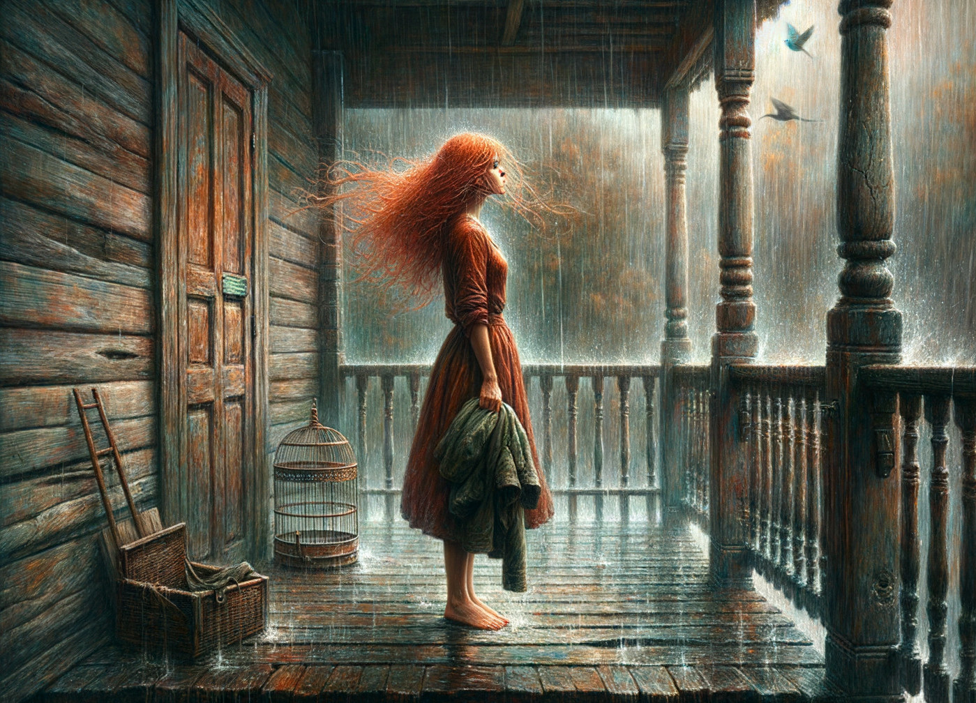 Young woman in red dress on rain-soaked porch