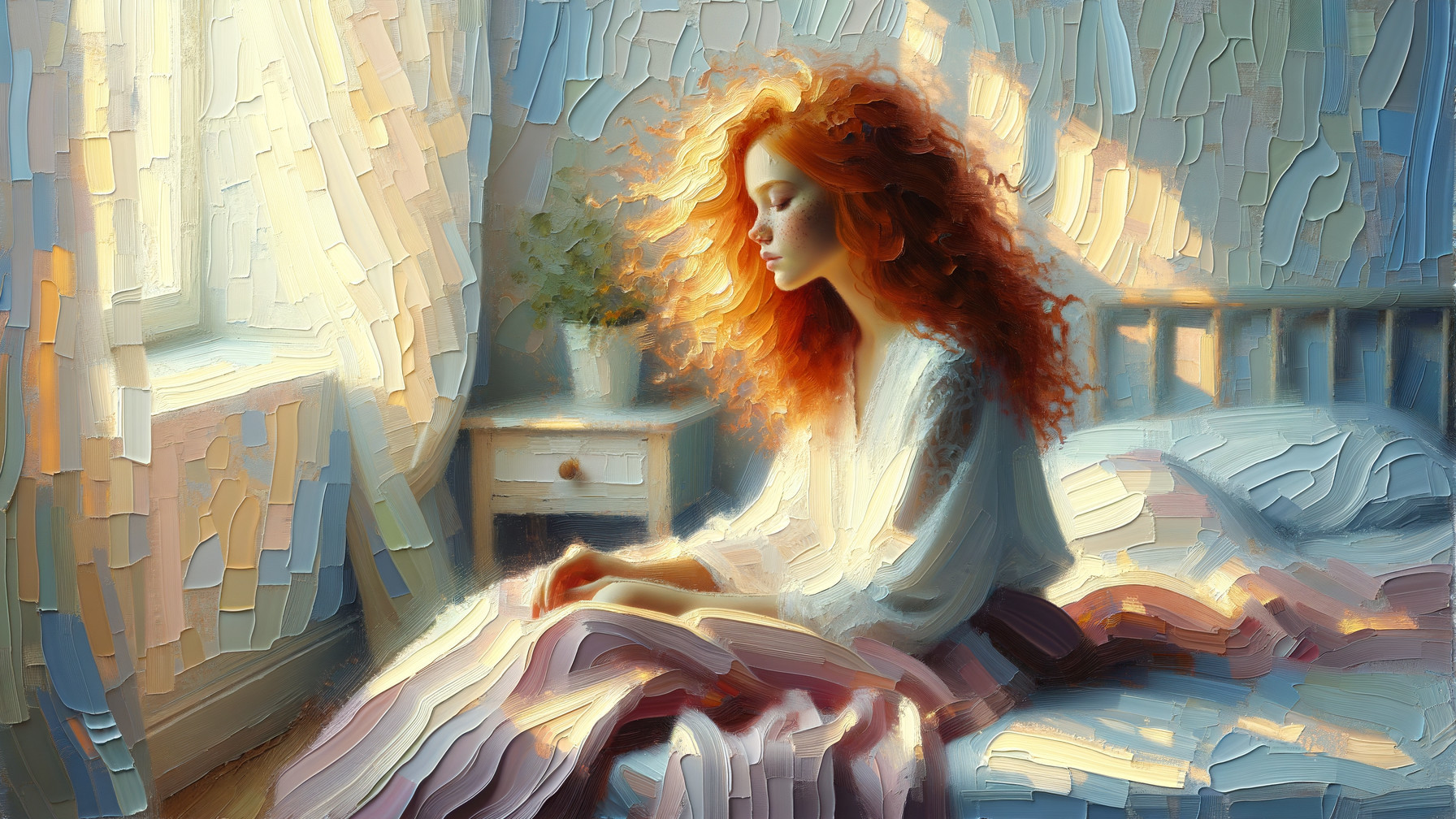 Young woman with red curls in serene pastel room
