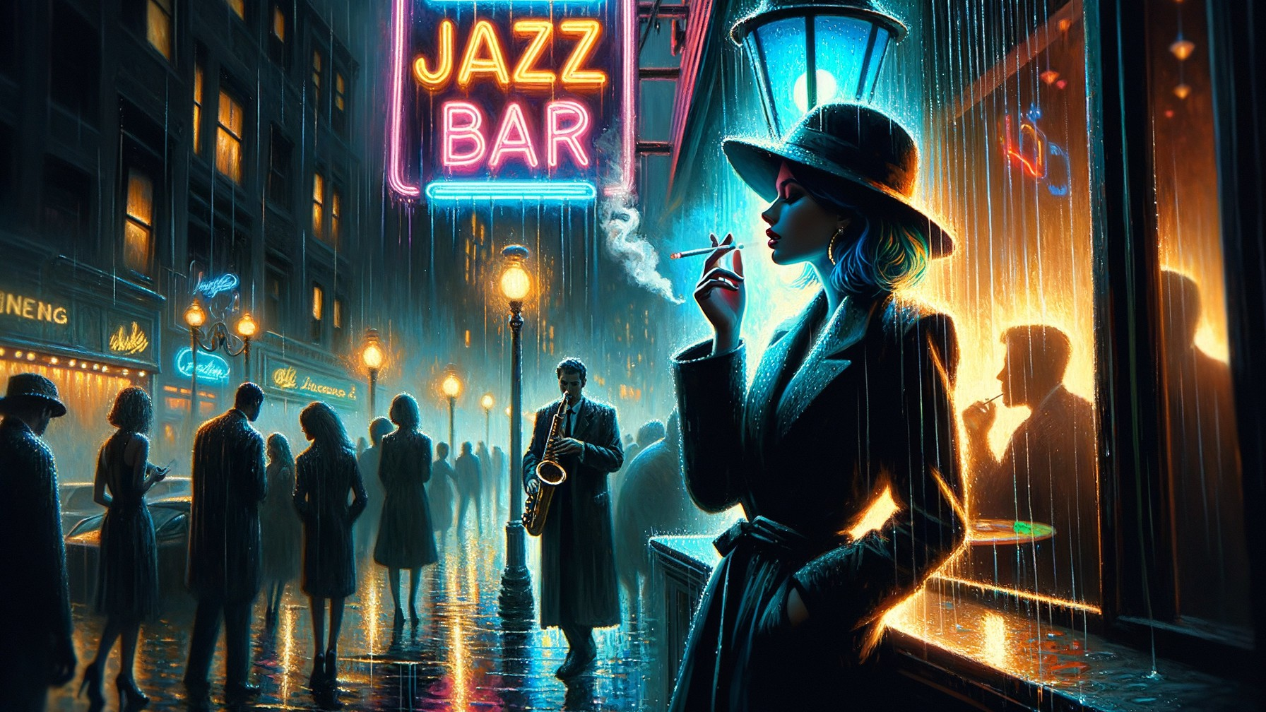 Stylish Woman in Trench Coat on Rainy Jazz Street