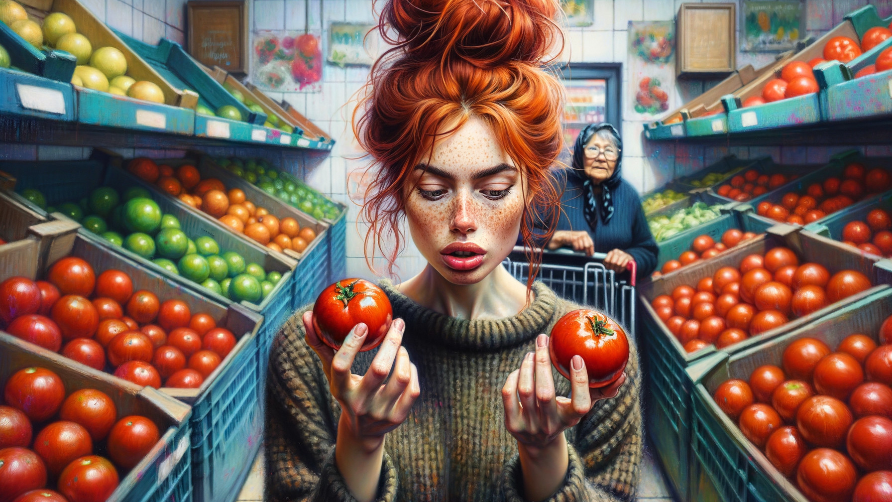 Young Woman Examines Tomatoes in Colorful Grocery Store