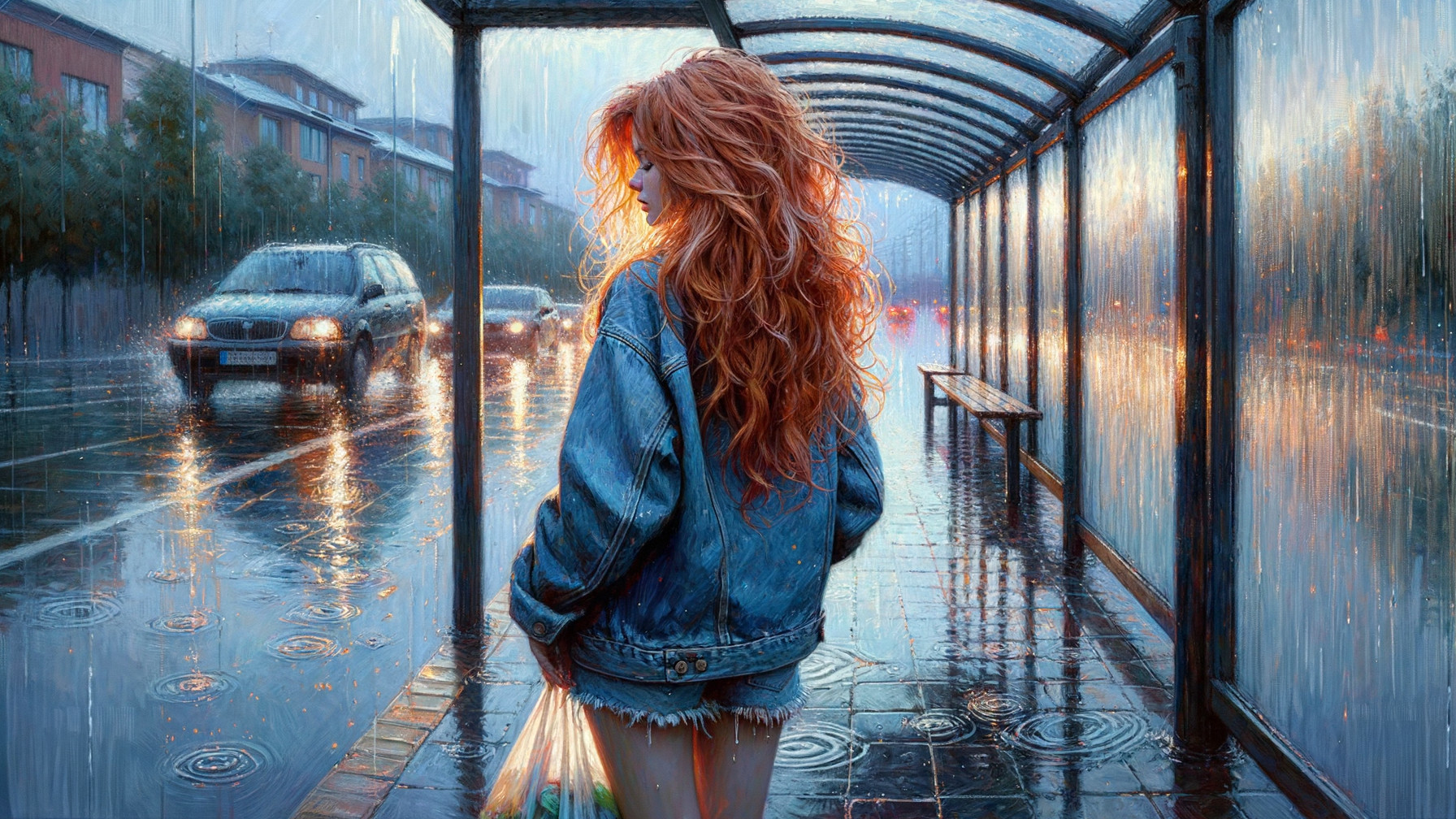 Young woman at a rainy bus stop with red hair