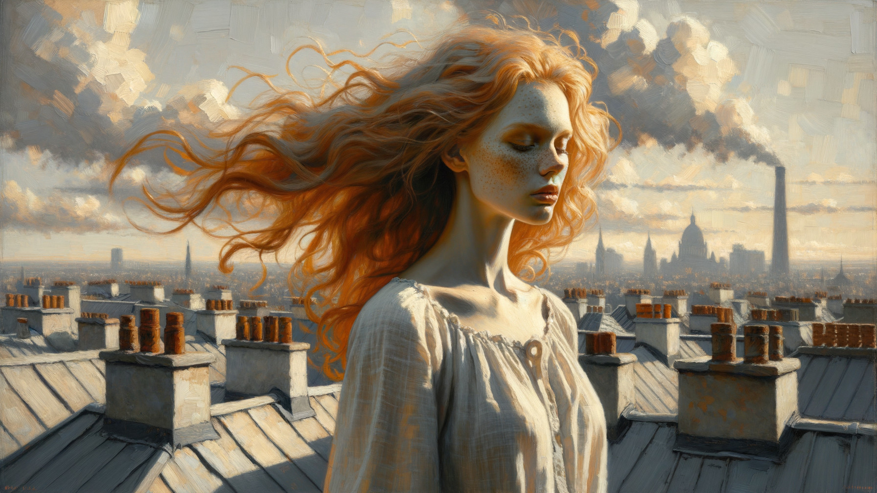 Young Woman with Red Hair on Rooftop Overlooking City