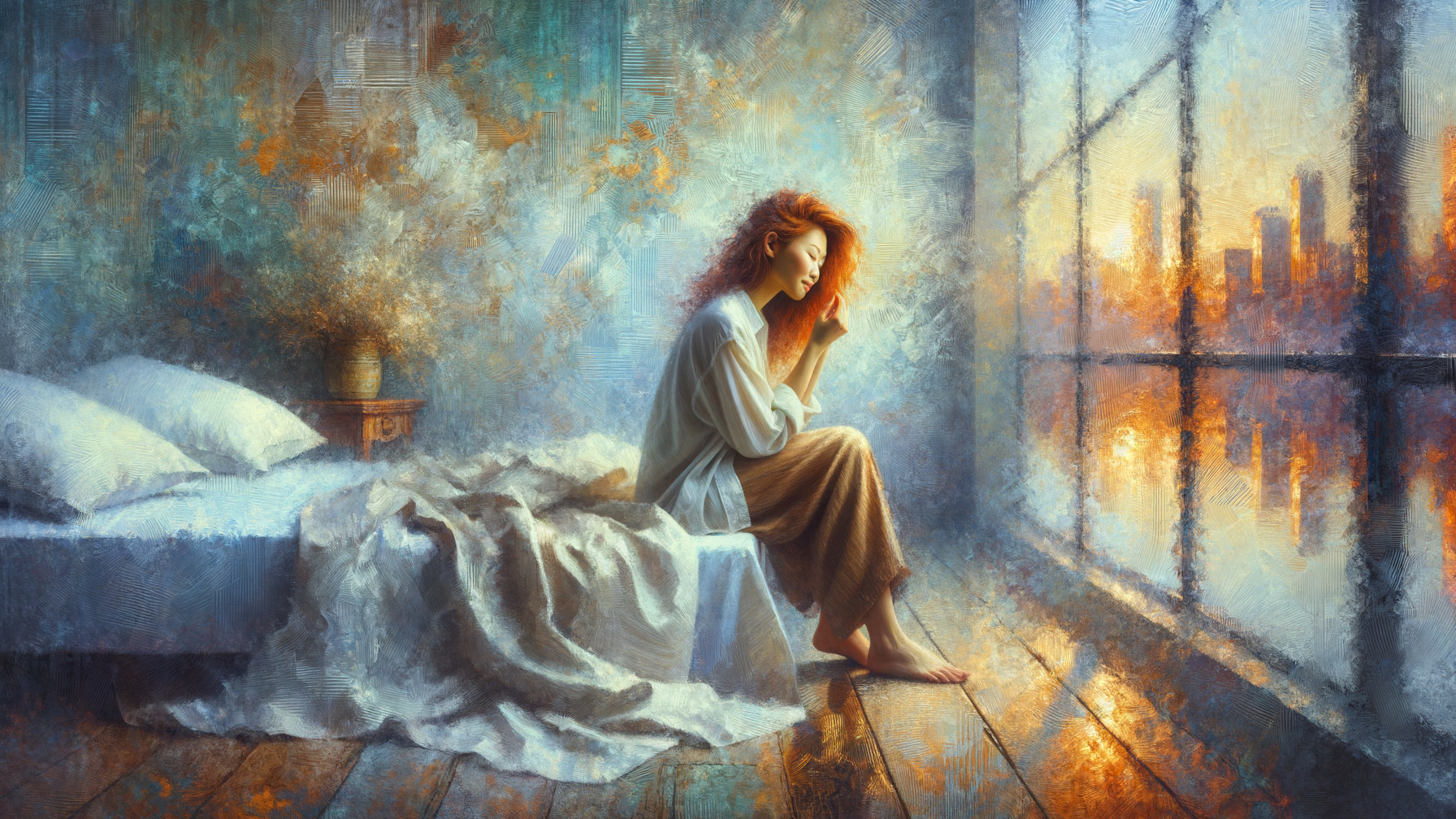 Contemplative Woman in Sunrise-lit Bedroom Scene