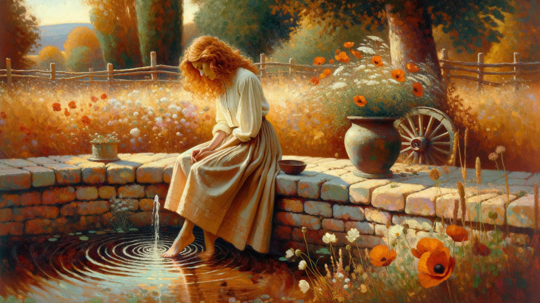 Young Woman by Stone Well in Sunlit Meadow