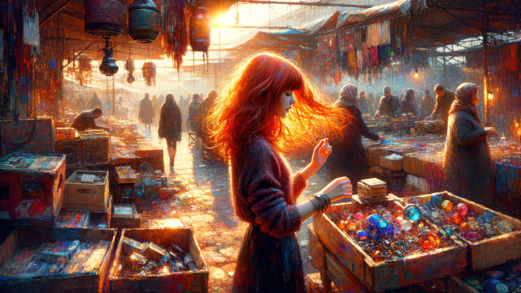 Vibrant Market Scene with Young Woman and Stalls