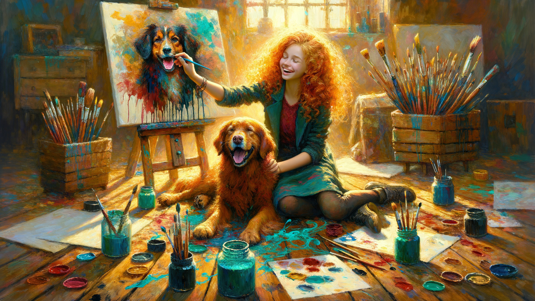 Young Girl Painting a Golden Retriever in Art Studio