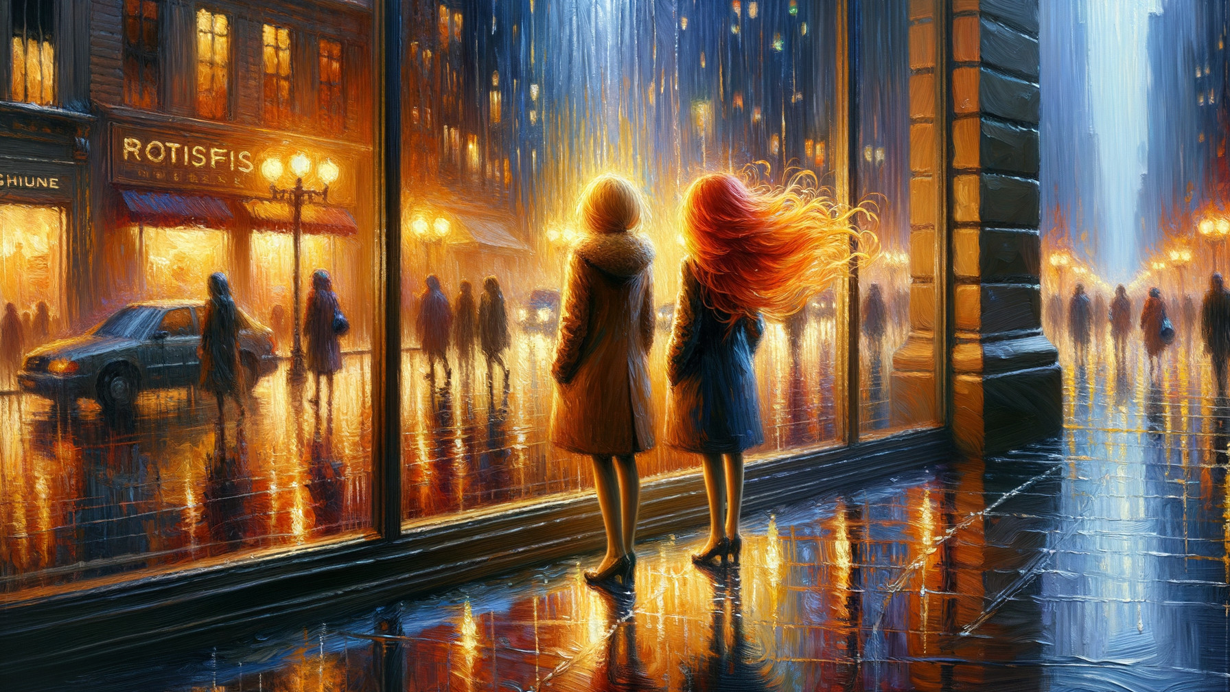Figures by Window Overlooking Rainy Cityscape