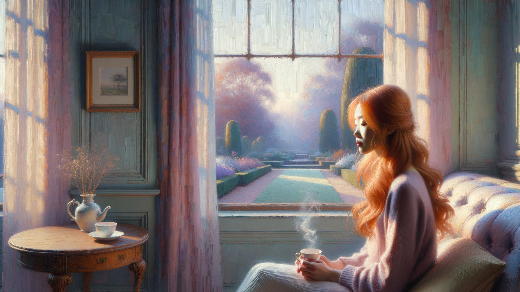 Indoor Scene of a Woman by a Window with Tea Set