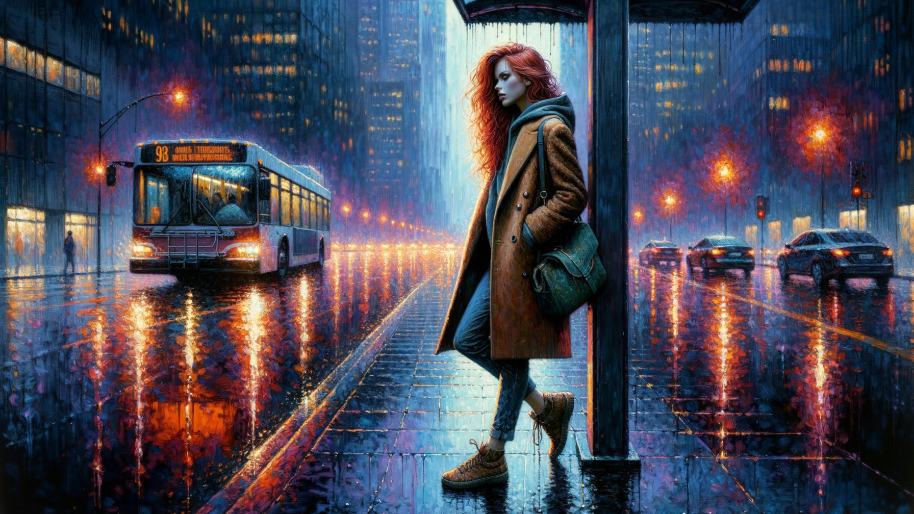 Impressionistic Rainy City Night Scene with Woman