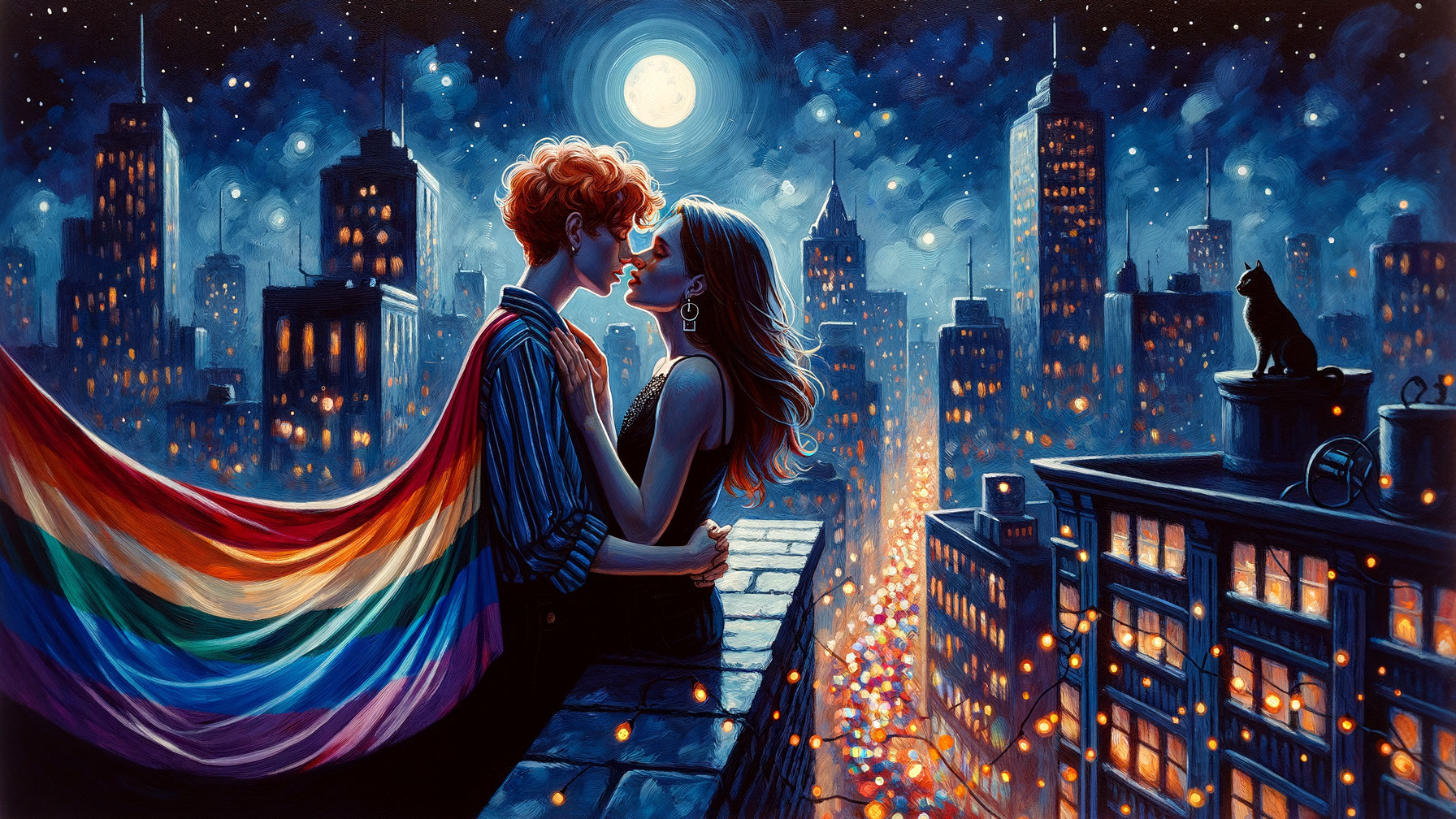 Rooftop Romantic Scene with Moon and City Lights