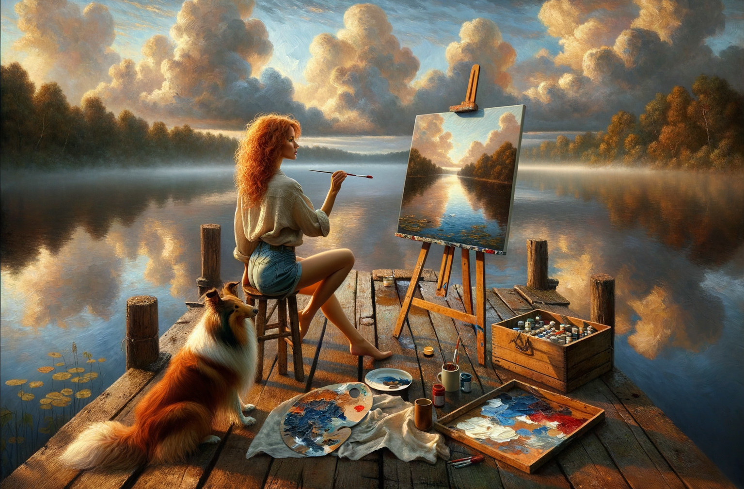 Woman Painting by a Tranquil Lake with Collie