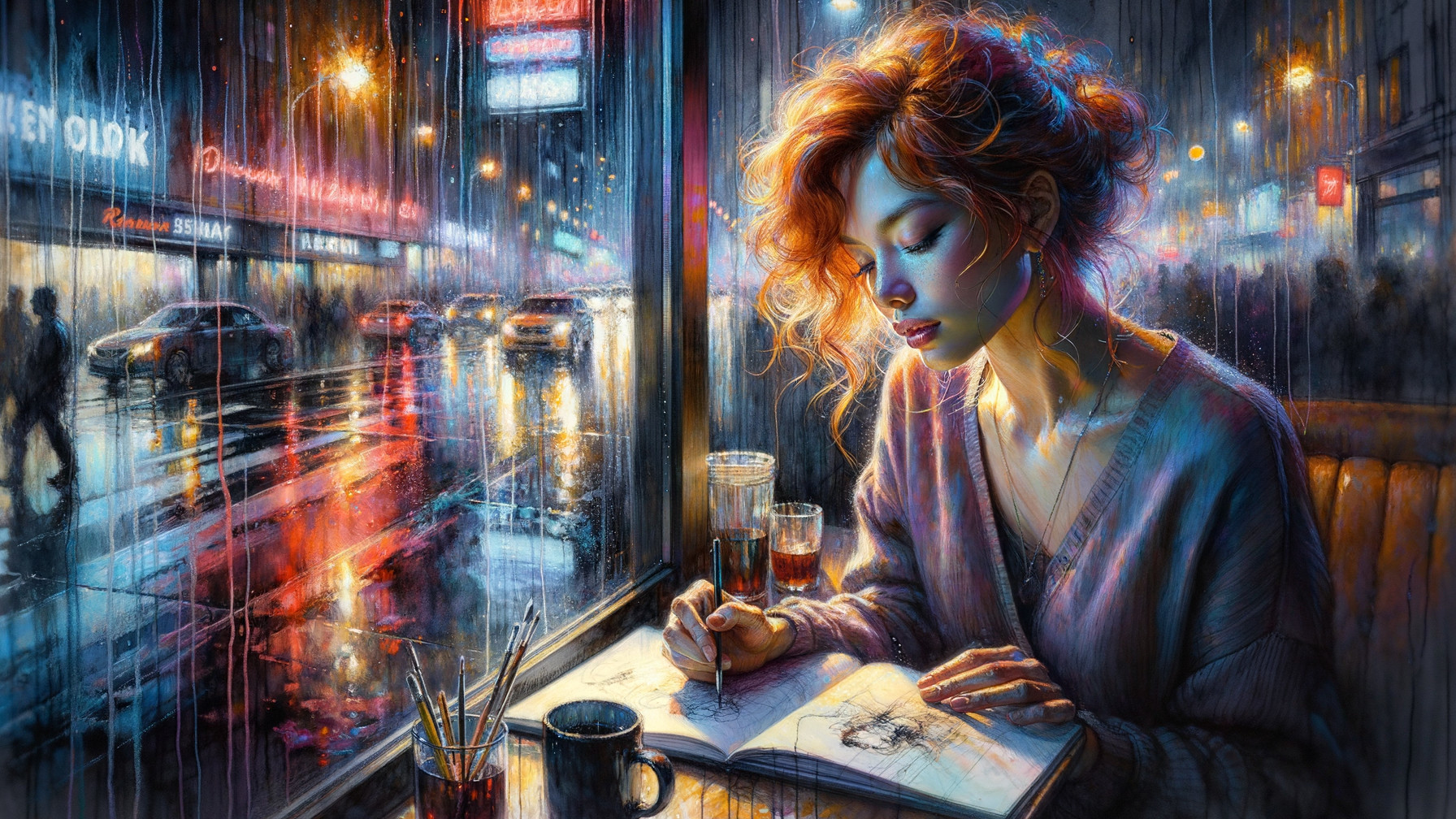 Young Woman Sketching by Café Window on Rainy Evening