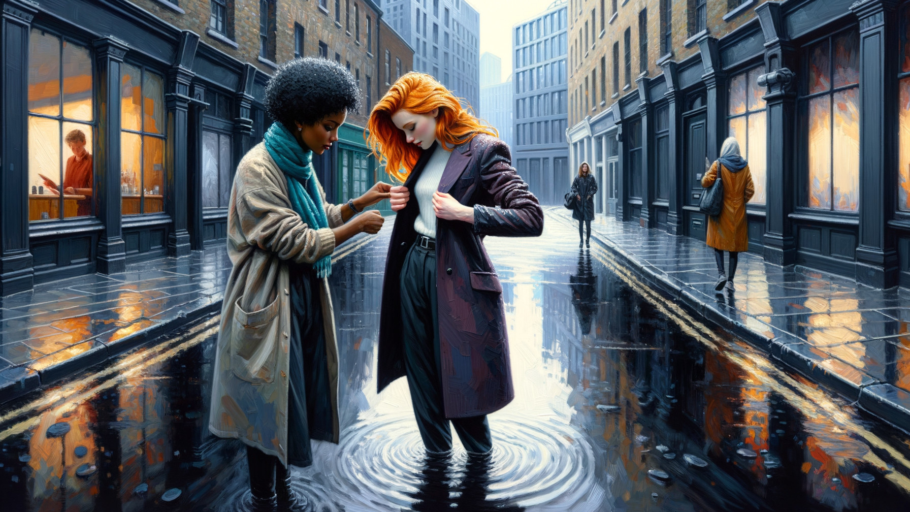 Women Assisting Each Other on a Wet Cobblestone Street