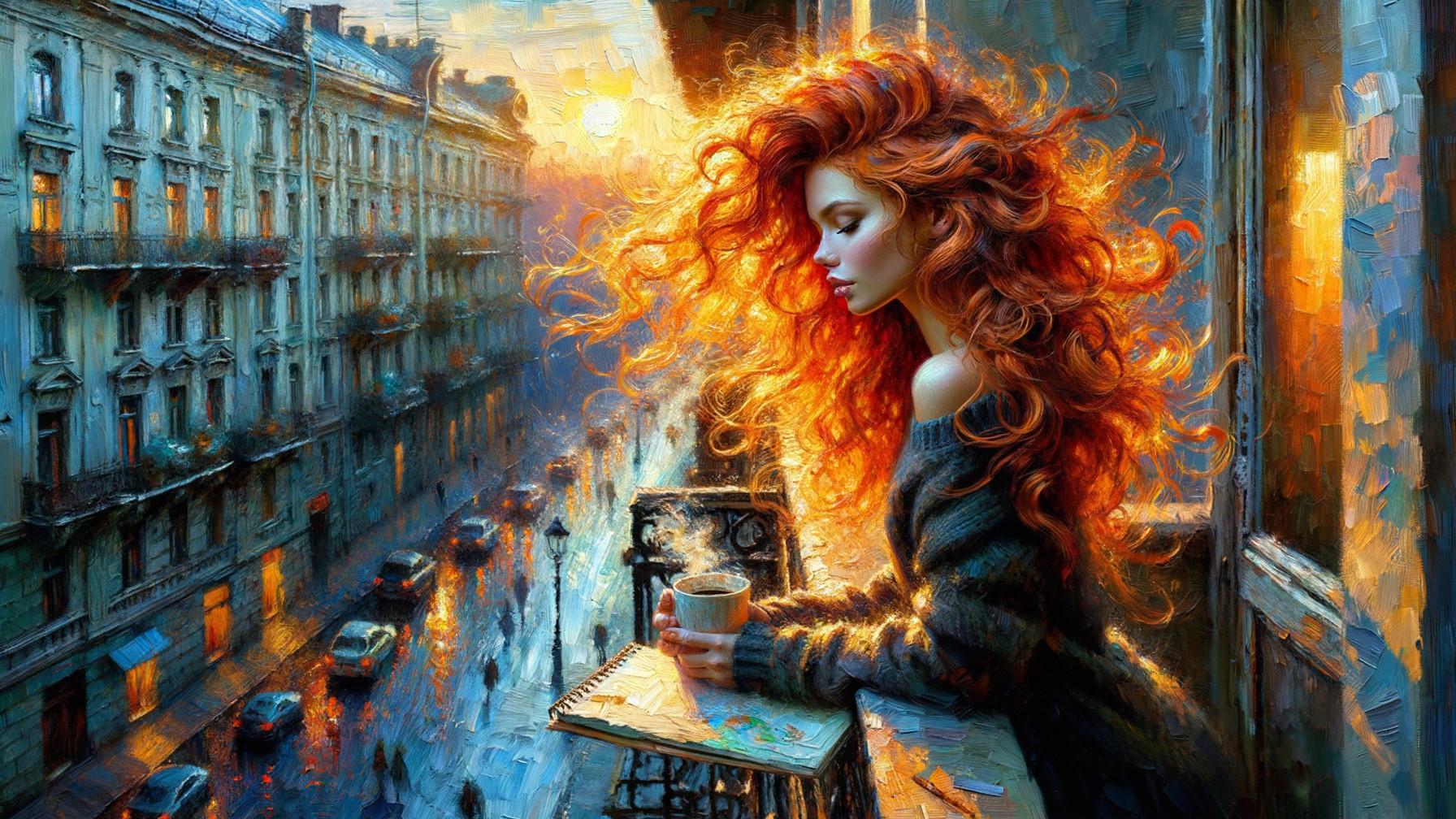 Young Woman with Red Hair on Balcony at Sunset
