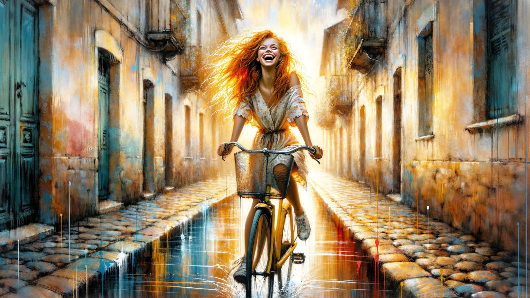 Young woman riding yellow bicycle on cobblestone street
