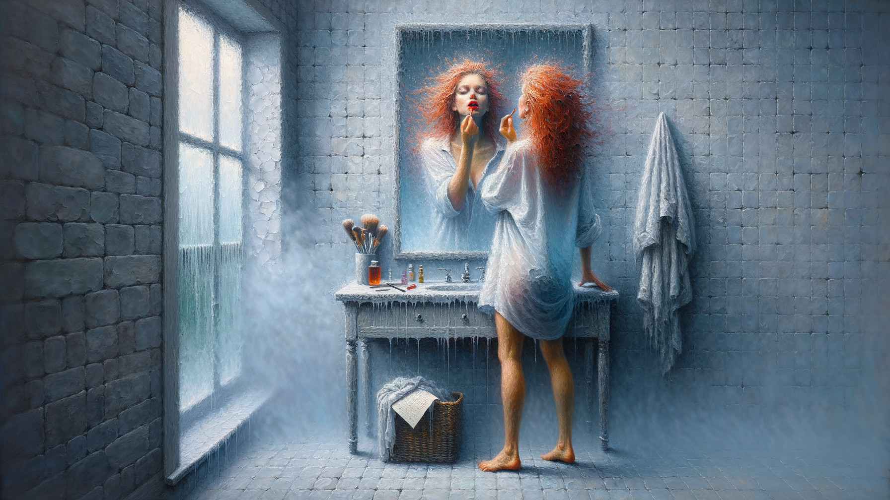 Frost-Covered Bathroom with Woman Applying Lipstick