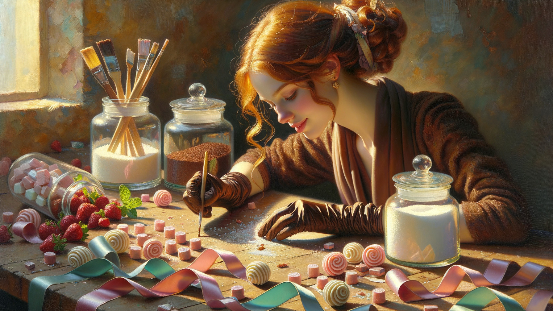 Woman Decorating Pastel Candies in Sunlit Room