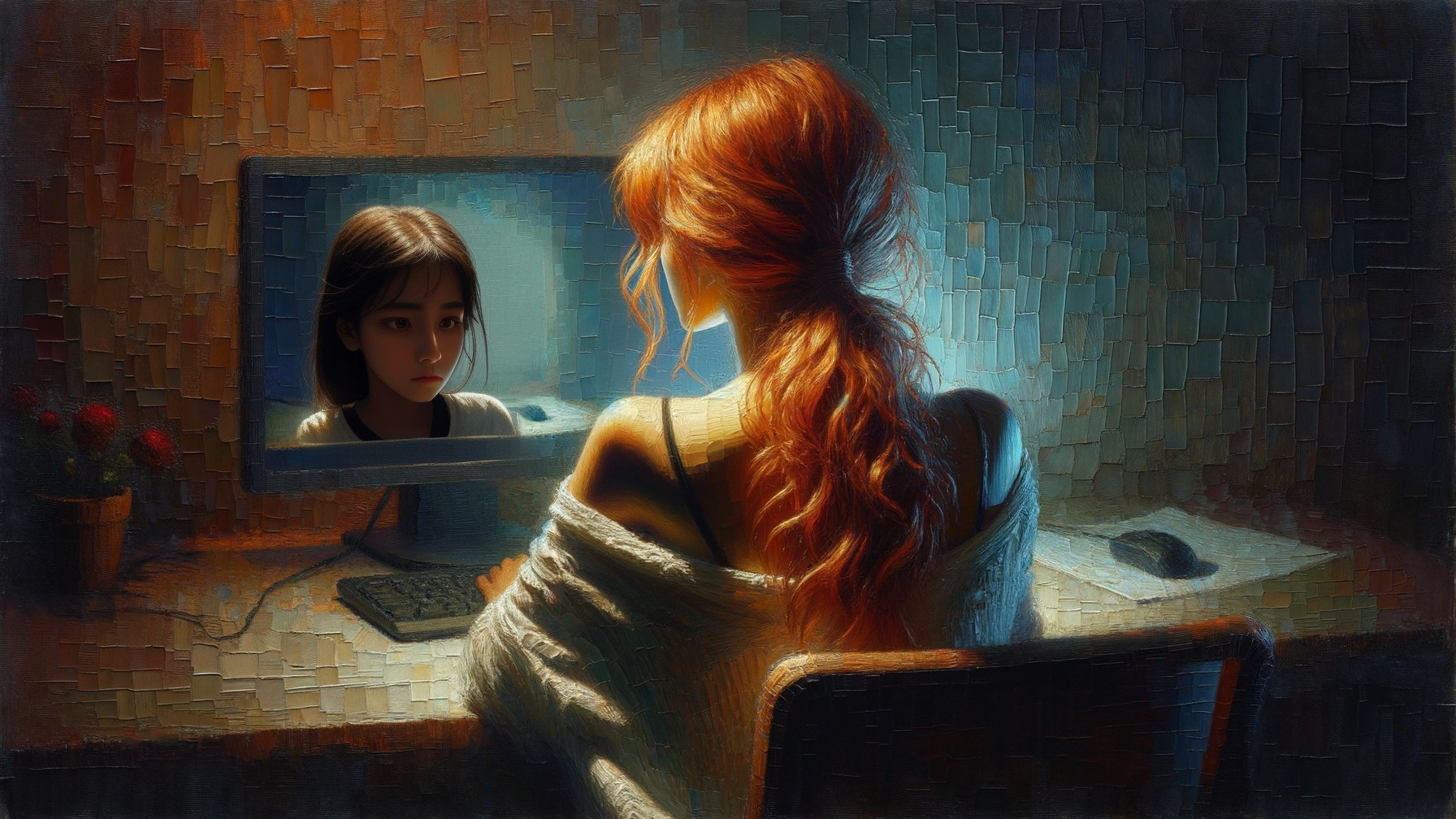 Young Woman at Desk with Computer Reflection