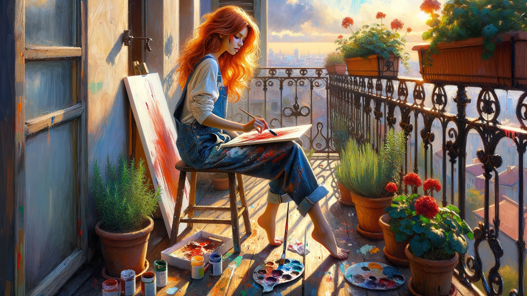 Young woman painting on a sunlit balcony with plants