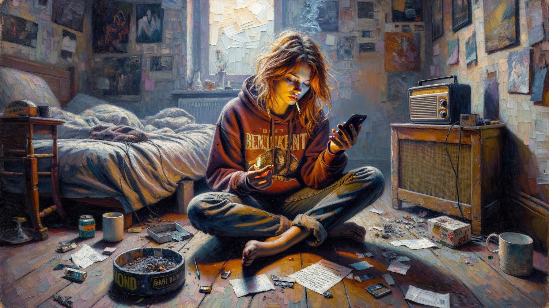 Young Woman in Cluttered Room with Nostalgic Details