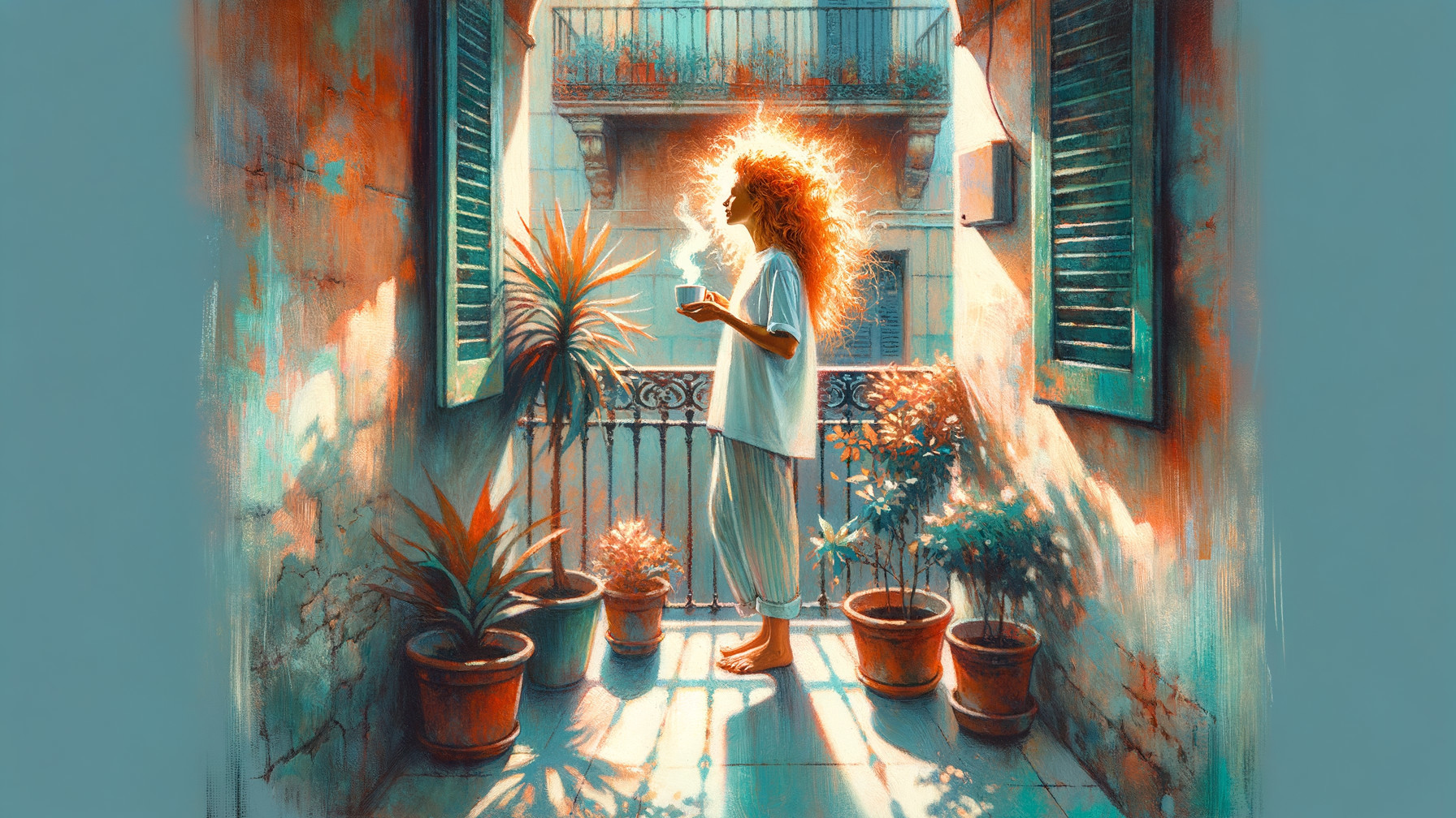 Woman on Balcony Enjoying Morning Sunlight