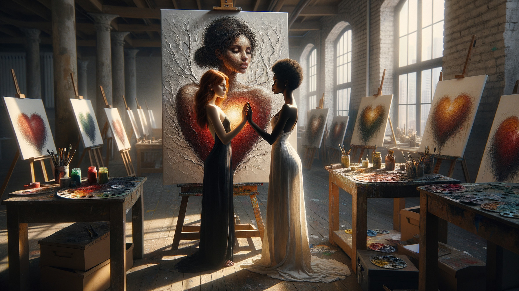 Art Studio Scene with Heart-Themed Canvas and Women