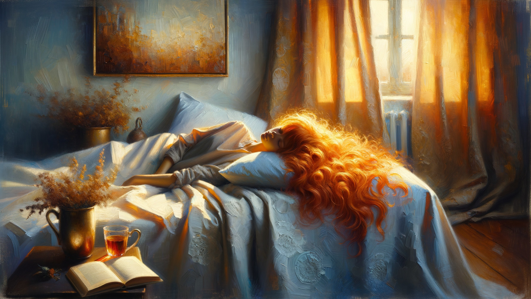 Serene bedroom scene with warm sunlight and tea