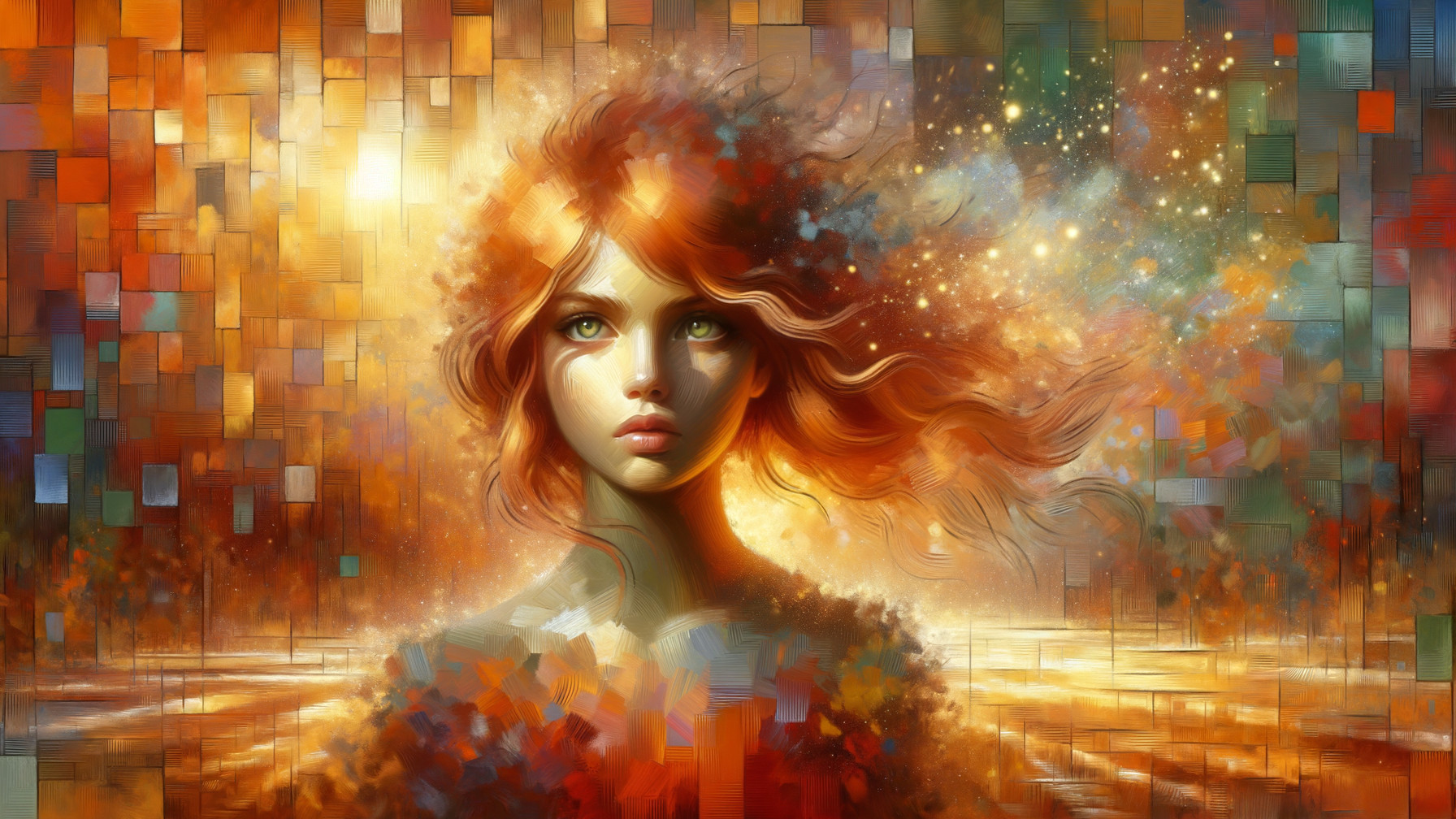 Portrait of a woman with vibrant red hair and green eyes