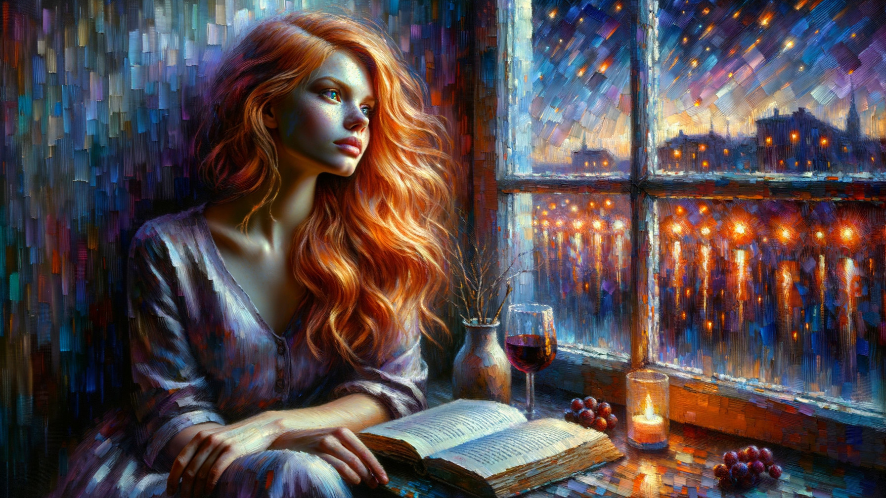 Serene Woman by Rain-Specked Window with Wine and Book
