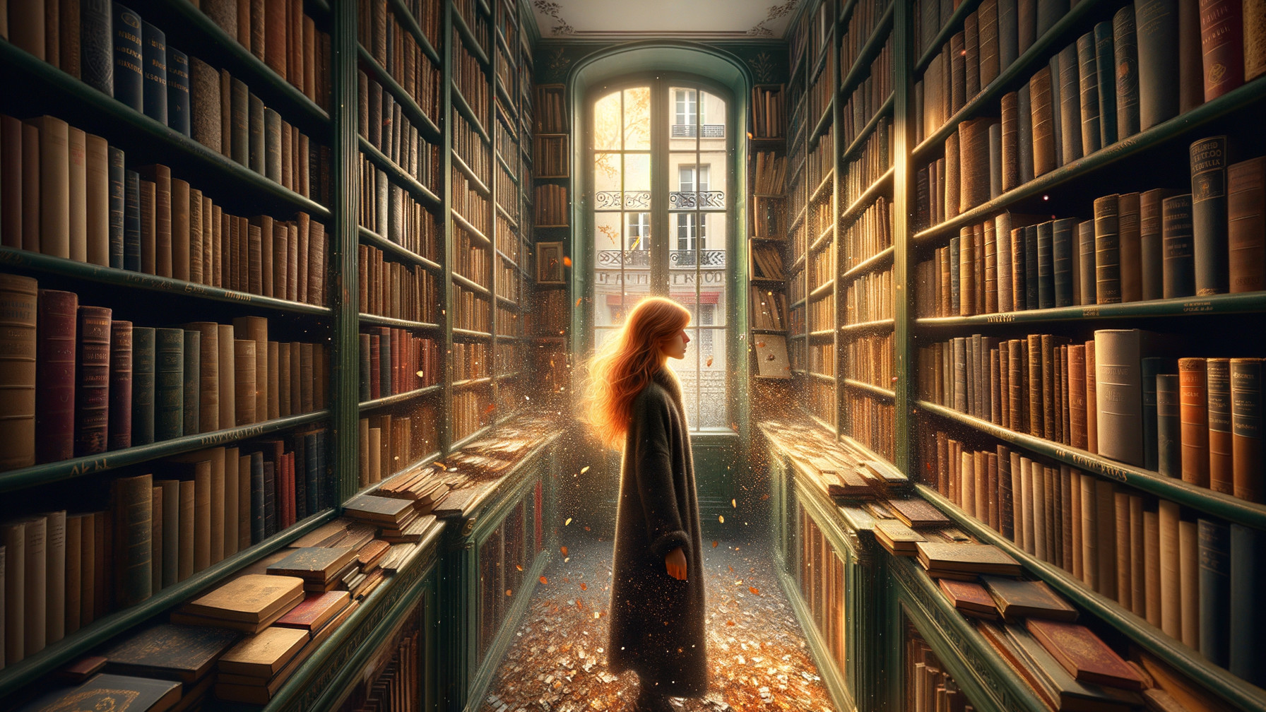 Young Woman in Serene Library with Sunlit Atmosphere