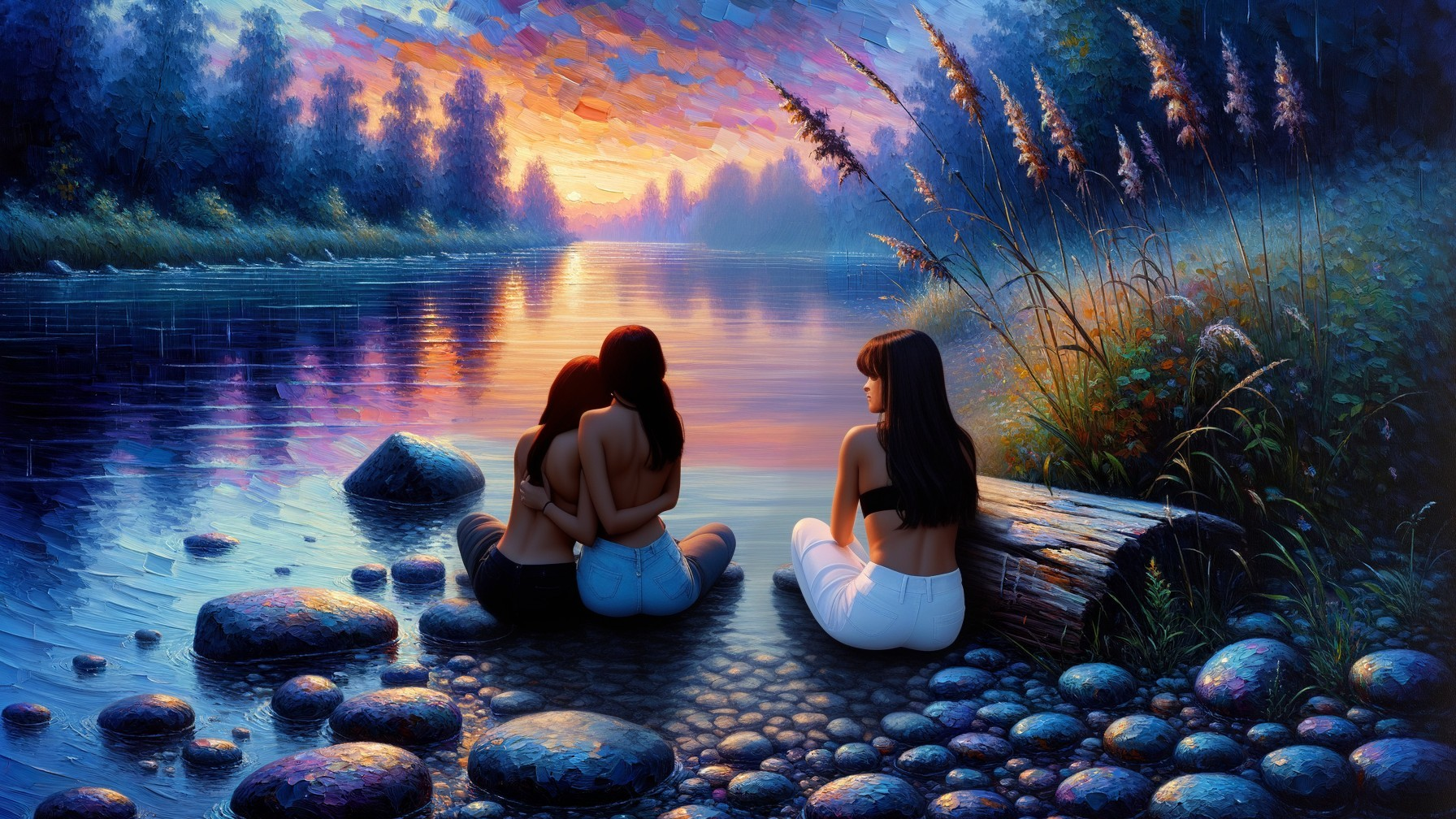 Tranquil River Landscape at Sunset with Umbrella