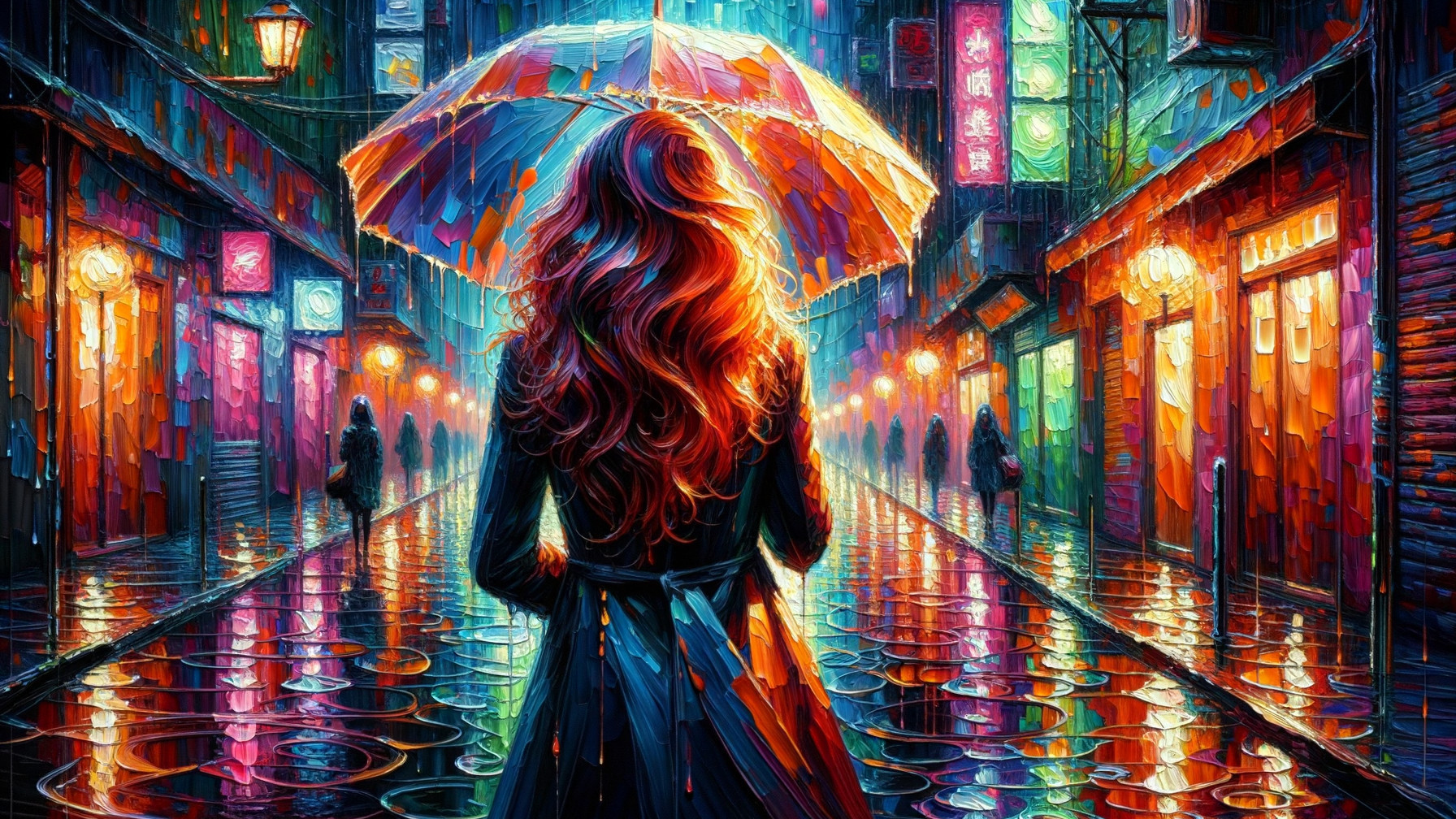Neon Alleyway with Colorful Reflections and Umbrella