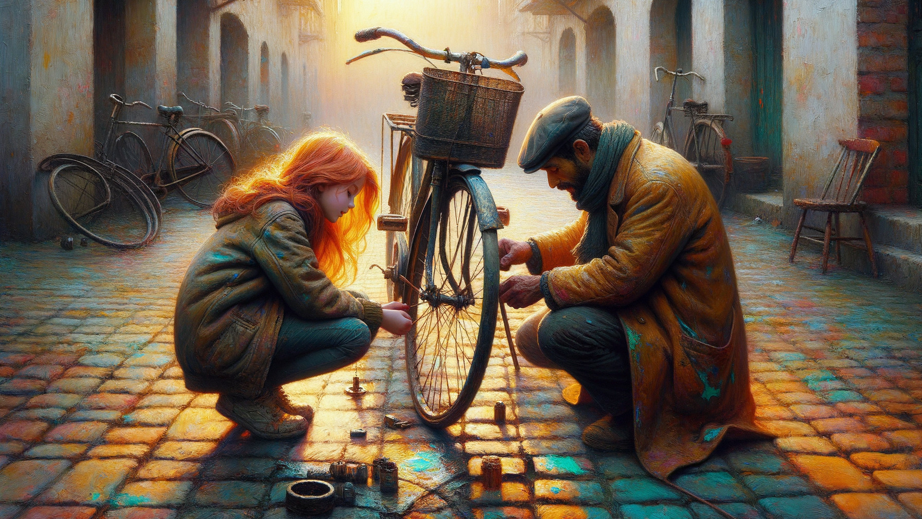 Father and Daughter Repairing Bicycle at Golden Hour