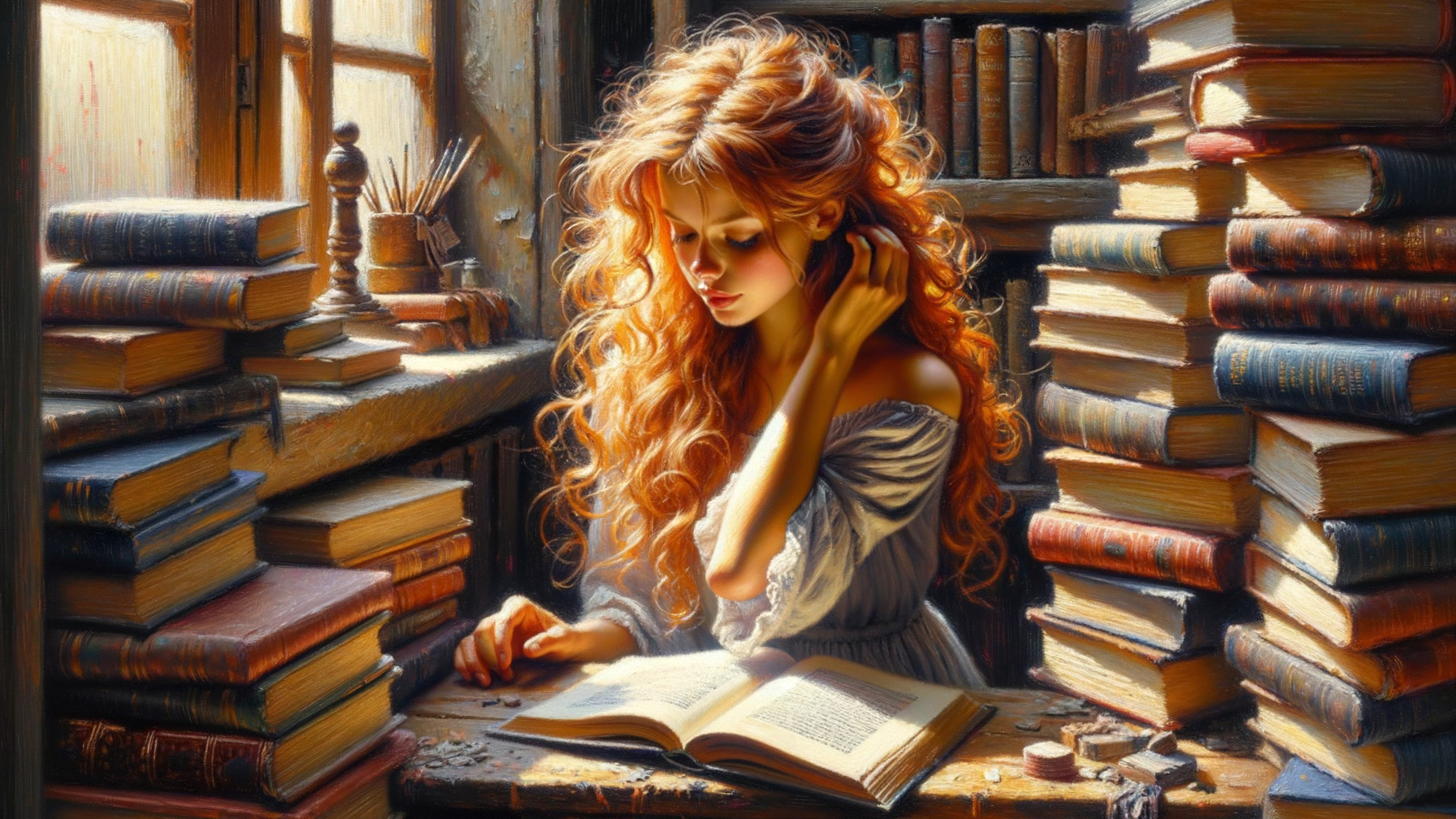 Young woman with red hair in a cozy library setting