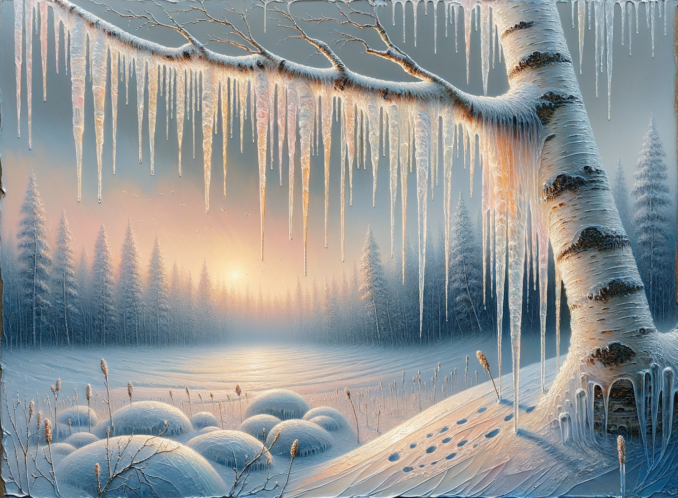 Serene Winter Landscape with Frozen Lake and Birch Trees