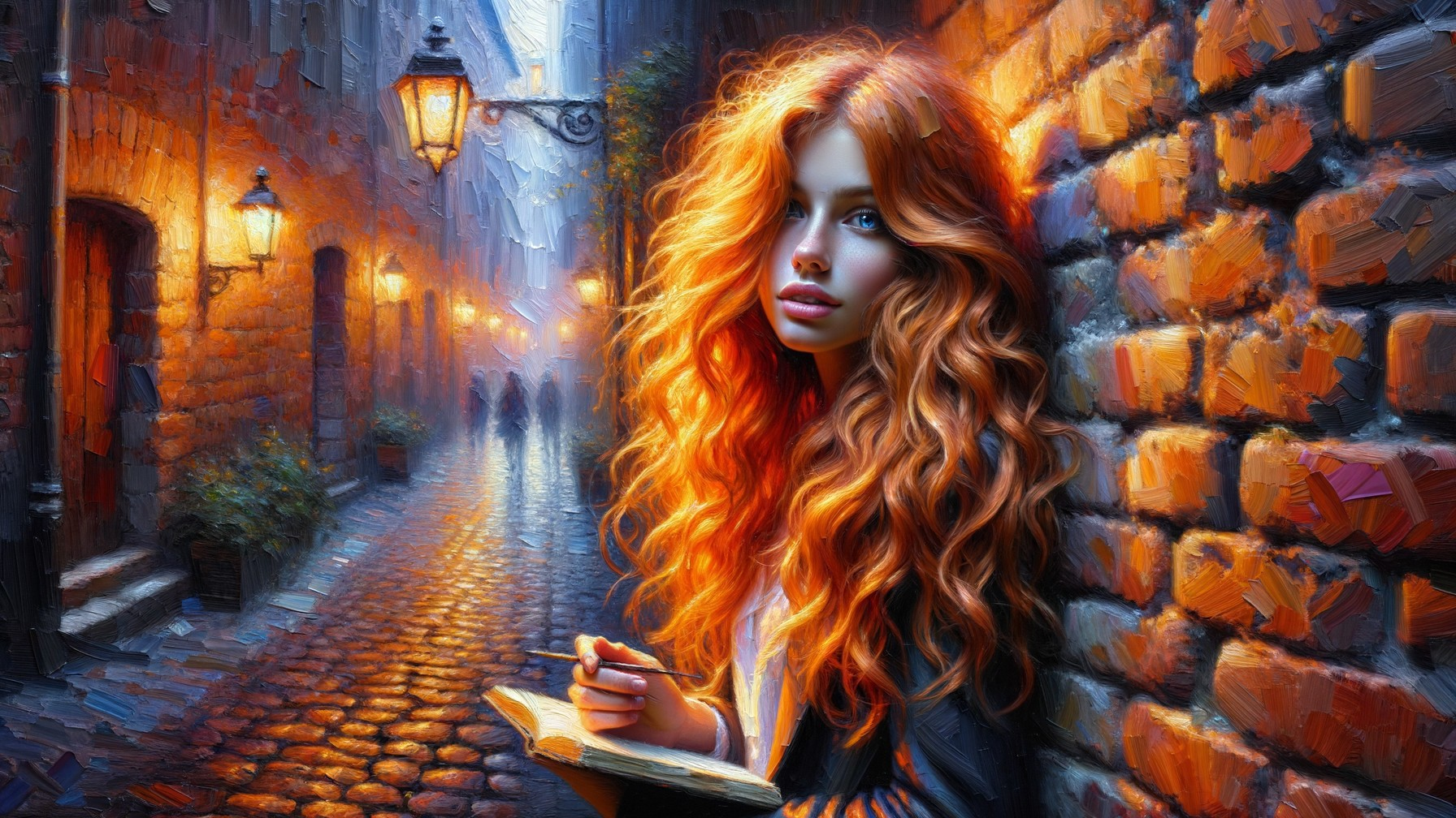 Young Woman with Red Hair in Lantern-Lit Alley