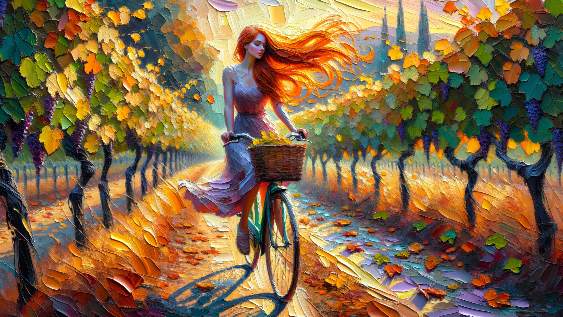 Young Woman Biking Through Colorful Vineyard Path