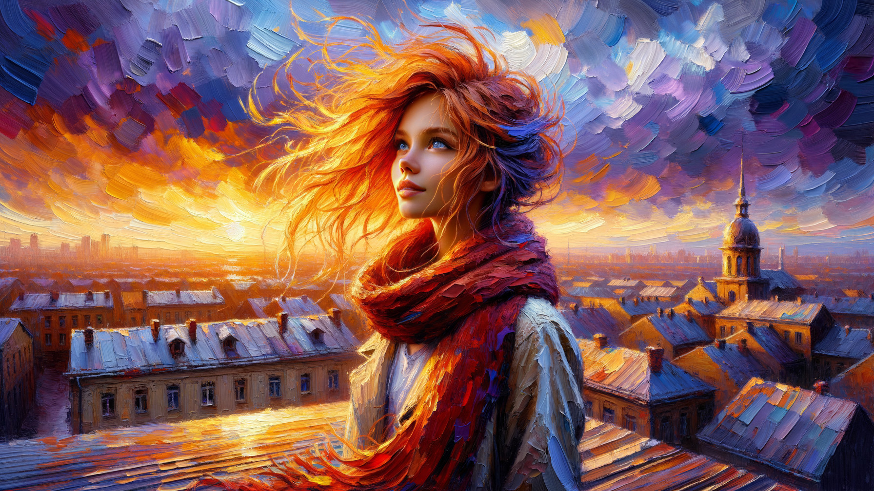 Young Woman with Red Hair Against Sunset Sky