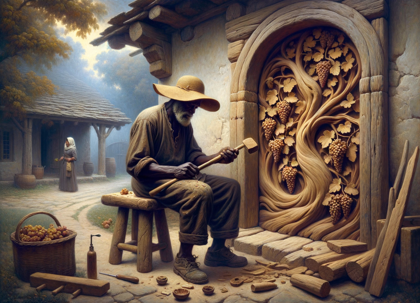 Elderly Craftsman Carving Wooden Grapes and Vines