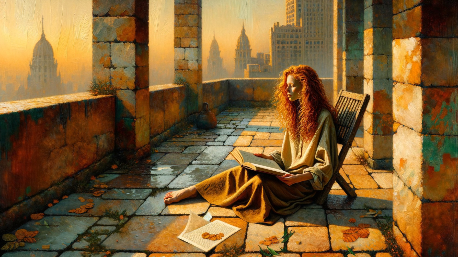 Woman with Red Hair Reading at Sunset on Terrace