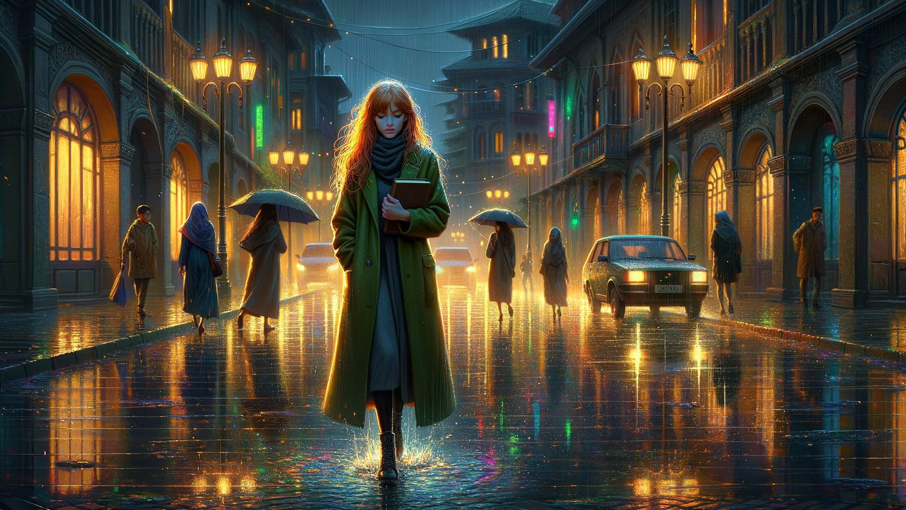 Woman with Red Hair in Rainy City Night Scene