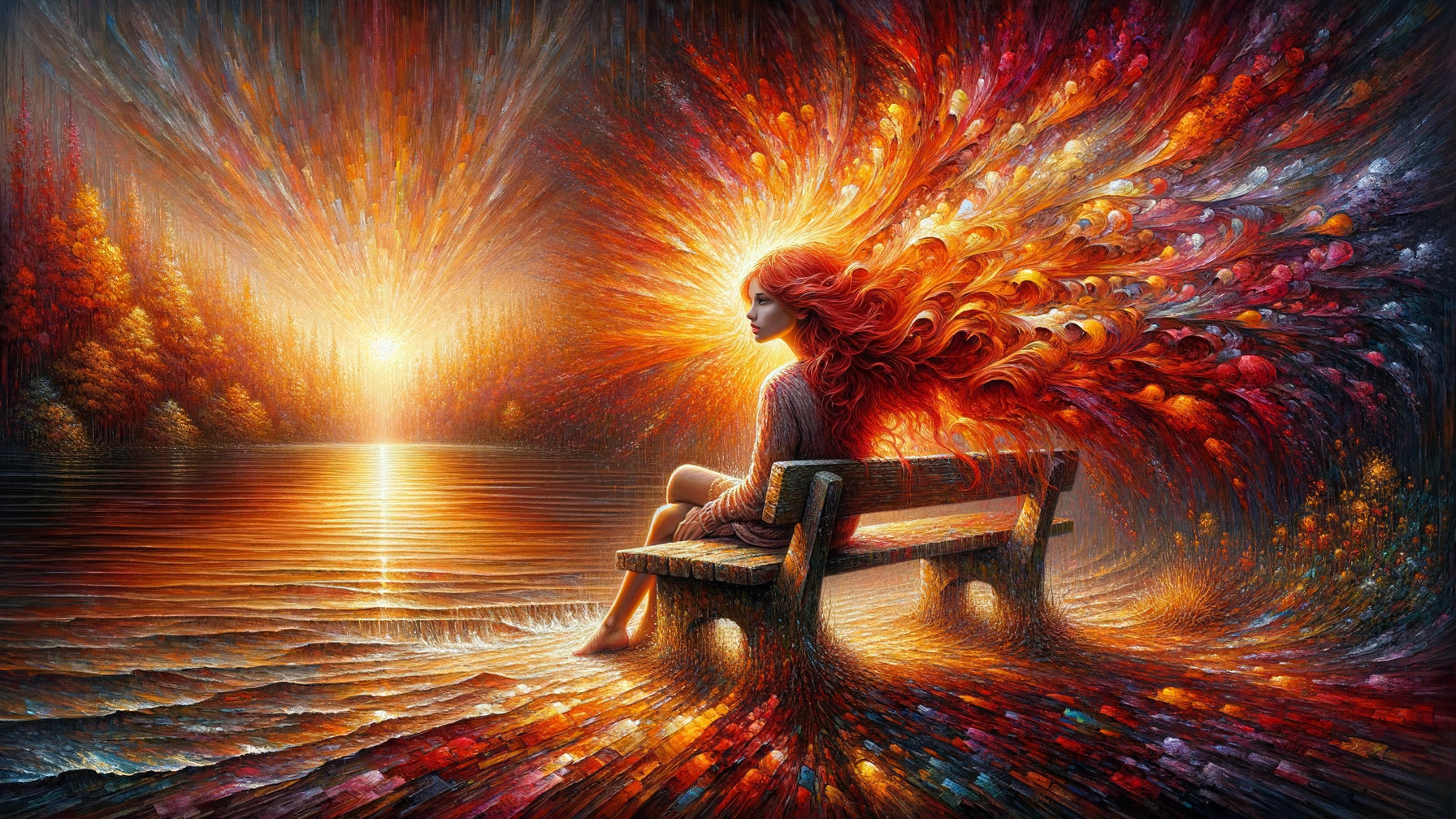 Woman by a shimmering lake at sunset with vibrant hair