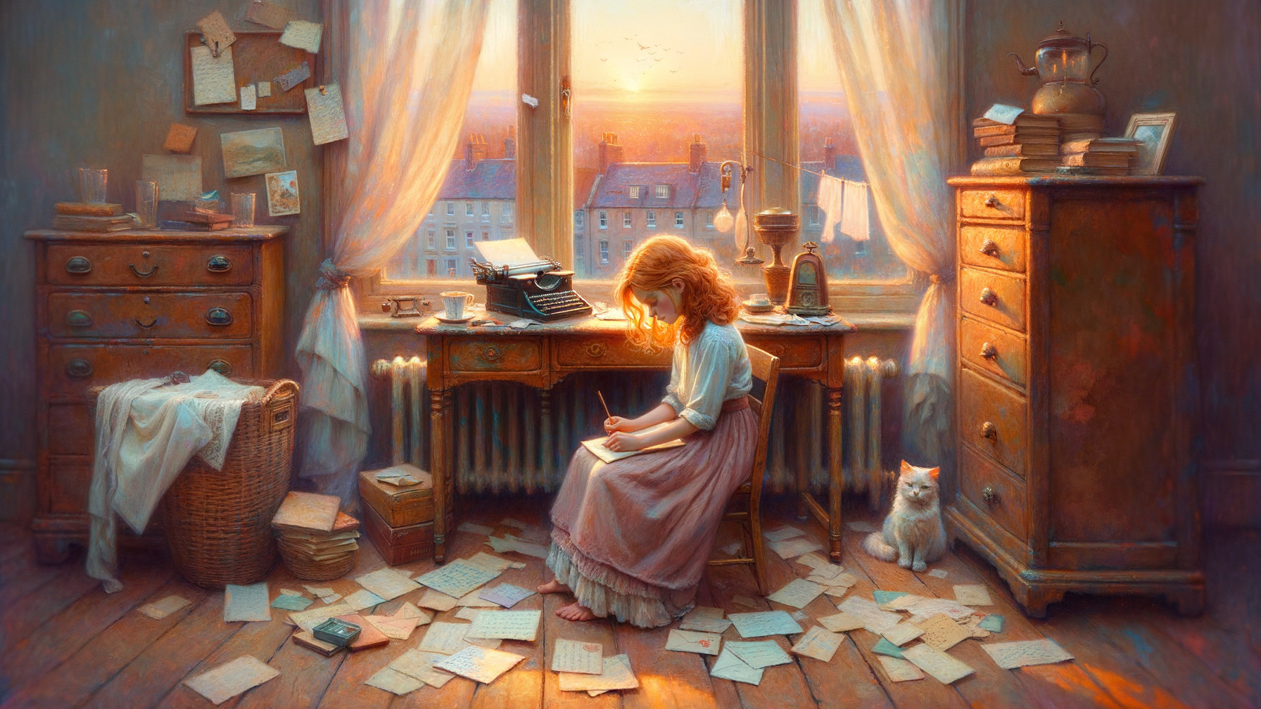 Vintage Room with Girl Writing and Cat Watching