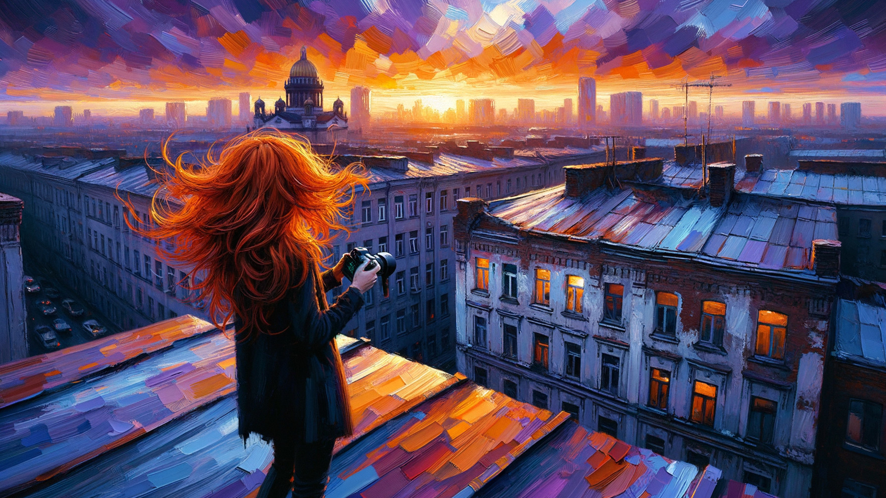 Woman with Red Hair Overlooking City Sunset