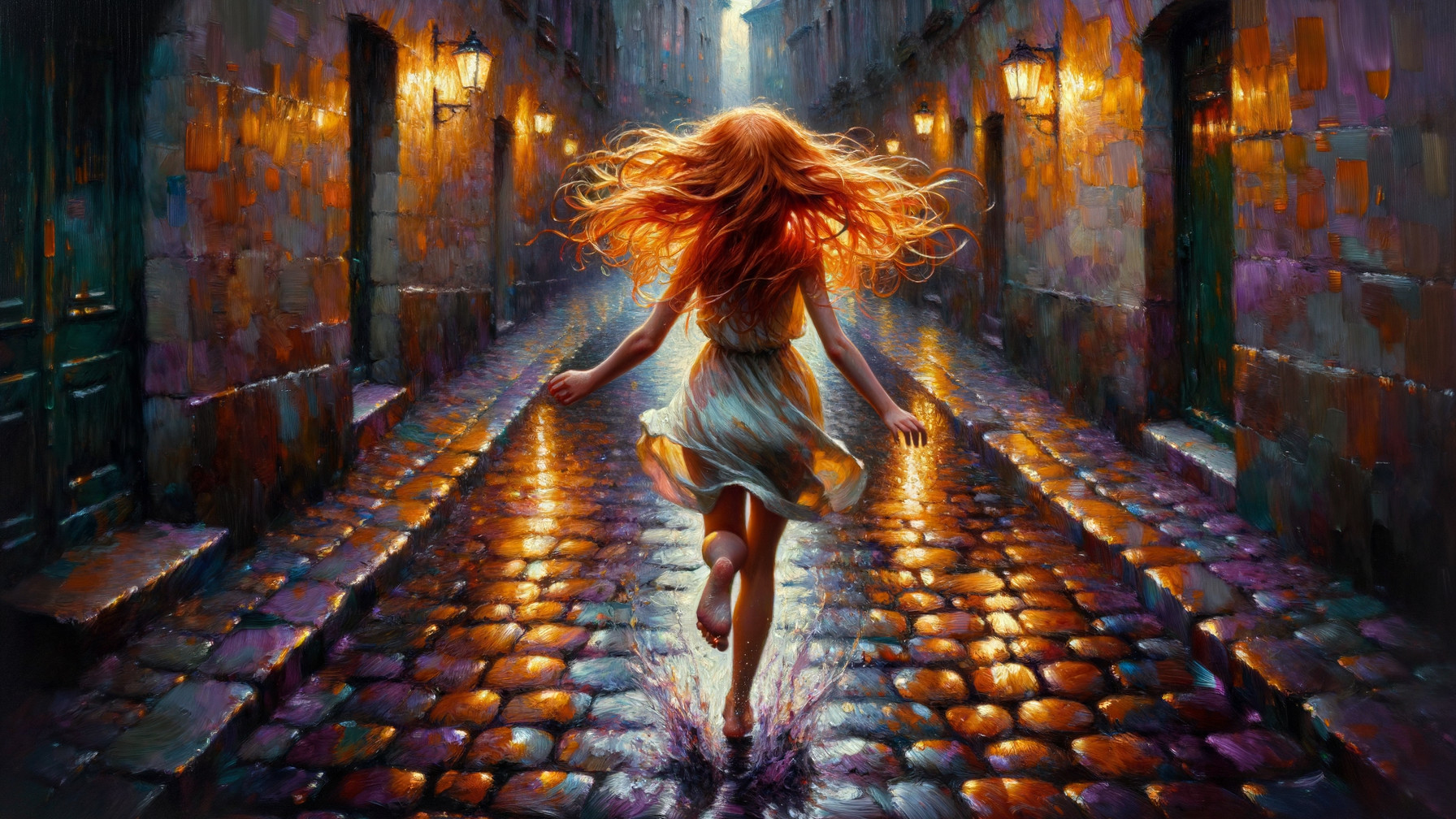 Girl with Red Hair Running on Cobblestone Street