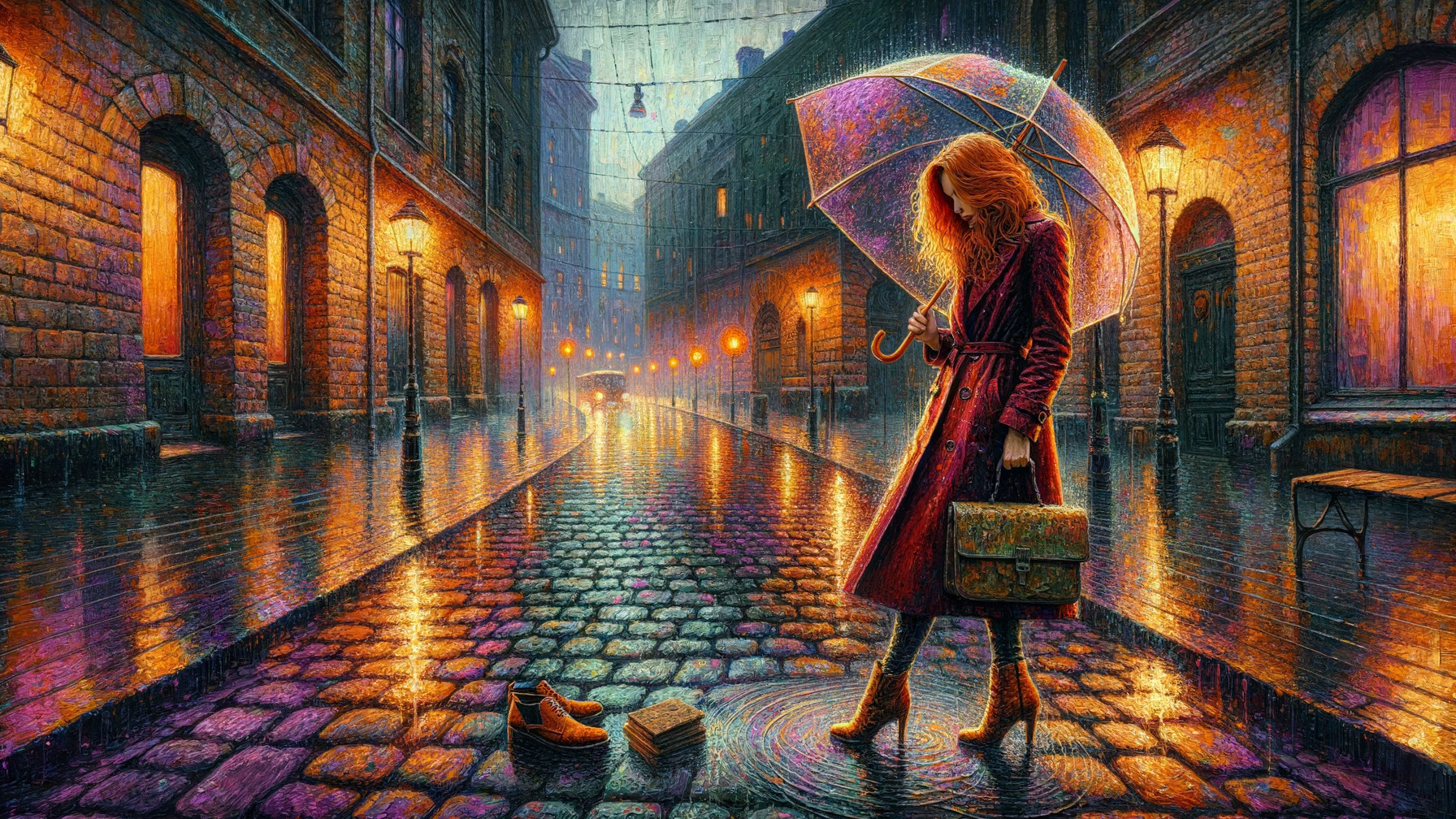 Rainy Street Scene with Woman in Red Coat and Umbrella