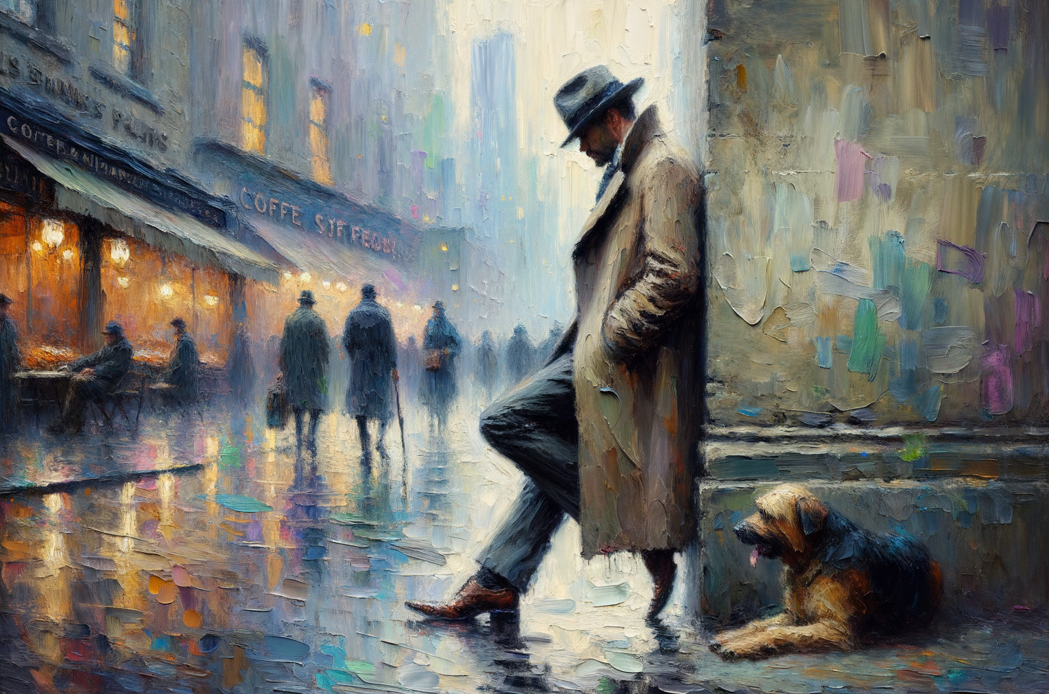 Somber Rainy Street Scene with Man and Dog