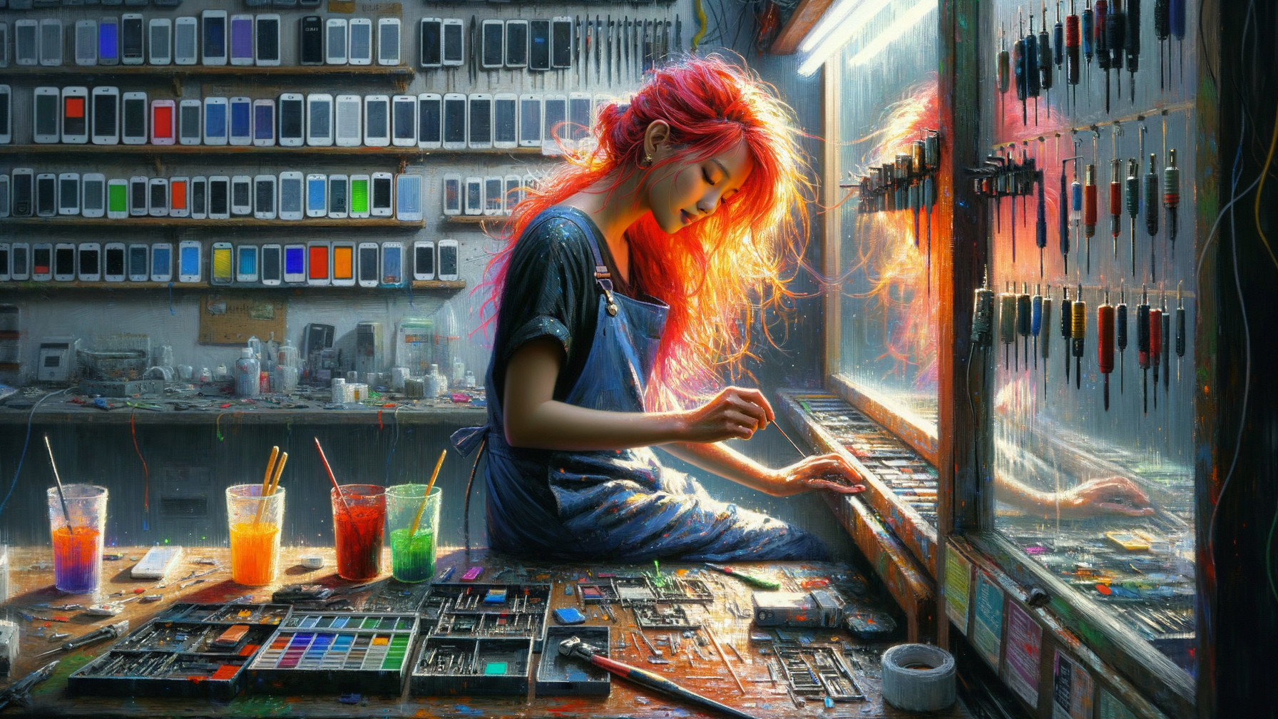 Colorful Workshop Scene with Young Woman Creating Device